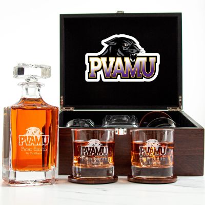 Customized Engraved Dark Brown Wood Box Decanter Set With Rocks Glasses - NCAA Prairie View A&M Panthers