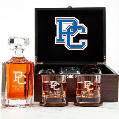 Customized Engraved Dark Brown Wood Box Decanter Set With Rocks Glasses - NCAA Presbyterian Blue Hose