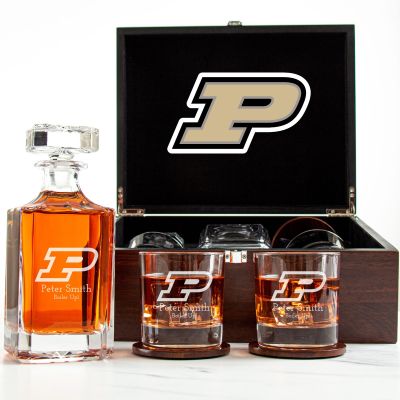 Customized Engraved Dark Brown Wood Box Decanter Set With Rocks Glasses - NCAA Purdue	Boilermakers