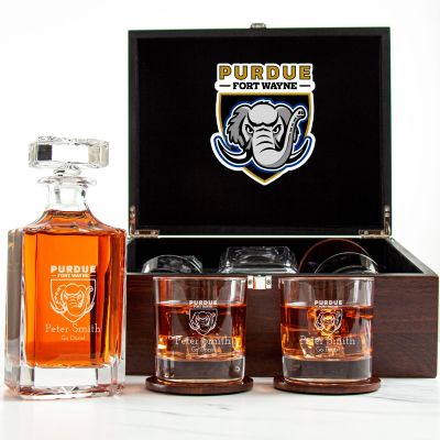 Customized Engraved Dark Brown Wood Box Decanter Set With Rocks Glasses - NCAA Purdue Fort Wayne Mastodons