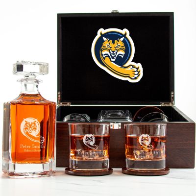 Customized Engraved Dark Brown Wood Box Decanter Set With Rocks Glasses - NCAA Quinnipiac Bobcats