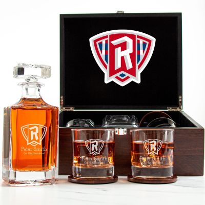 Customized Engraved Dark Brown Wood Box Decanter Set With Rocks Glasses - NCAA Radford Highlanders
