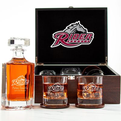 Customized Engraved Dark Brown Wood Box Decanter Set With Rocks Glasses - NCAA Rider Broncs