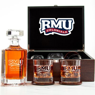 Customized Engraved Dark Brown Wood Box Decanter Set With Rocks Glasses - NCAA Robert Morris Colonials
