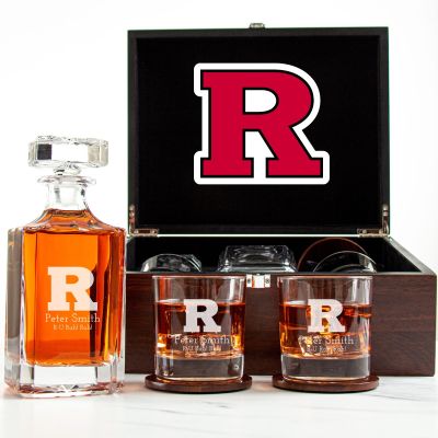 Customized Engraved Dark Brown Wood Box Decanter Set With Rocks Glasses - NCAA Rutgers Scarlet Knights