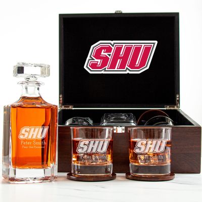 Customized Engraved Dark Brown Wood Box Decanter Set With Rocks Glasses - NCAA Sacred Heart Pioneers