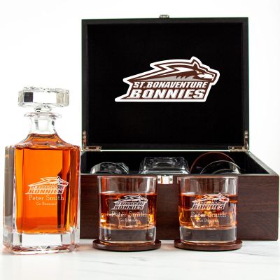 Customized Engraved Dark Brown Wood Box Decanter Set With Rocks Glasses - NCAA St. Bonaventure Bonnies