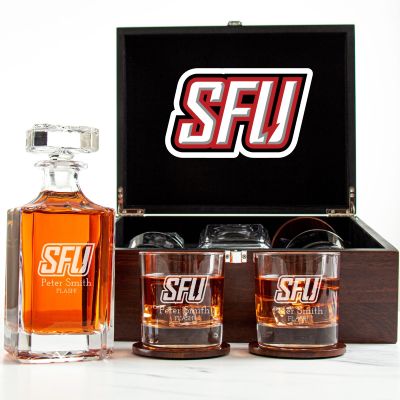Customized Engraved Dark Brown Wood Box Decanter Set With Rocks Glasses - NCAA Saint Francis Red Flash