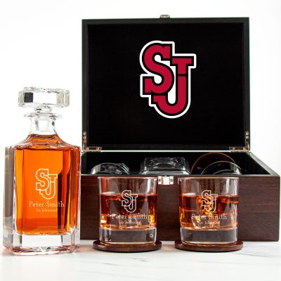 Customized Engraved Dark Brown Wood Box Decanter Set With Rocks Glasses - NCAA St. John's Red Storm