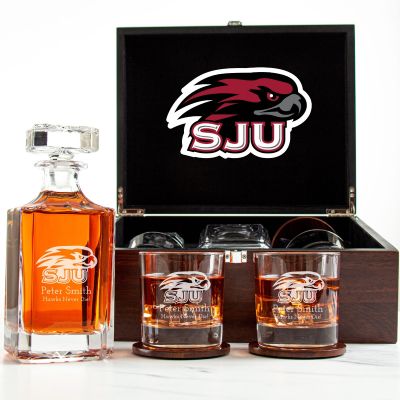Customized Engraved Dark Brown Wood Box Decanter Set With Rocks Glasses - NCAA Saint Joseph's Hawks