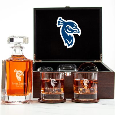 Customized Engraved Dark Brown Wood Box Decanter Set With Rocks Glasses - NCAA Saint Peter's Peacocks