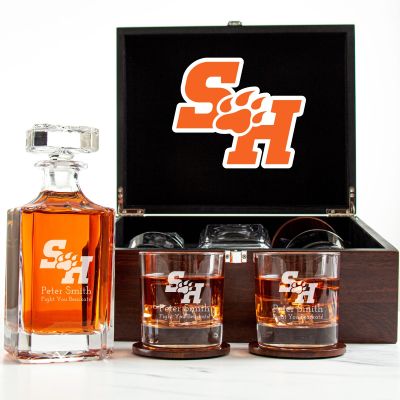 Customized Engraved Dark Brown Wood Box Decanter Set With Rocks Glasses - NCAA Sam Houston Bearkats