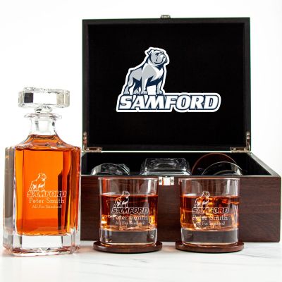 Customized Engraved Dark Brown Wood Box Decanter Set With Rocks Glasses - NCAA Samford Bulldogs