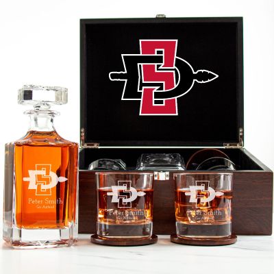 Customized Engraved Dark Brown Wood Box Decanter Set With Rocks Glasses - NCAA San Diego State Aztecs