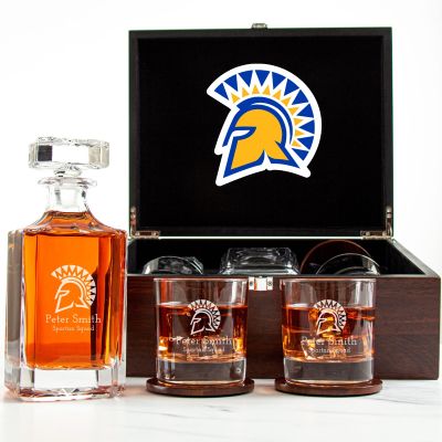 Customized Engraved Dark Brown Wood Box Decanter Set With Rocks Glasses - NCAA San Jose State Spartans