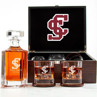 Customized Engraved Dark Brown Wood Box Decanter Set With Rocks Glasses - NCAA Santa Clara Broncos
