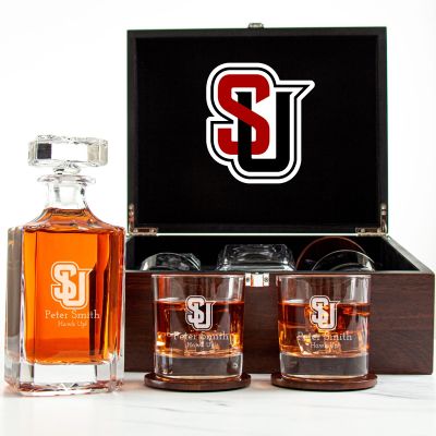 Customized Engraved Dark Brown Wood Box Decanter Set With Rocks Glasses - NCAA Seattle Redhawks