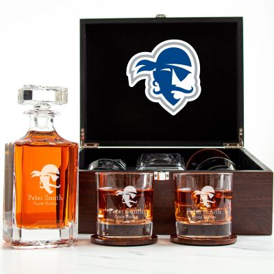 Customized Engraved Dark Brown Wood Box Decanter Set With Rocks Glasses - NCAA Seton Hall Pirates