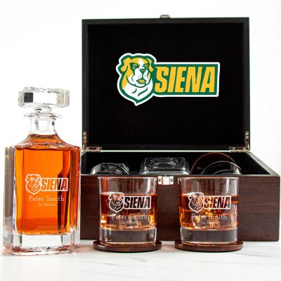 Customized Engraved Dark Brown Wood Box Decanter Set With Rocks Glasses - NCAA Siena Saints