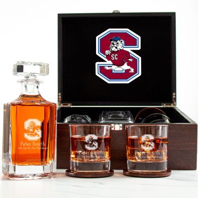 Customized Engraved Dark Brown Wood Box Decanter Set With Rocks Glasses - NCAA South Carolina State Bulldogs