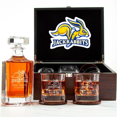 Customized Engraved Dark Brown Wood Box Decanter Set With Rocks Glasses - NCAA South Dakota State Jackrabbits
