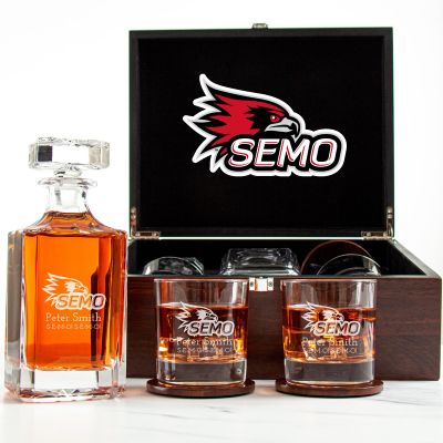 Customized Engraved Dark Brown Wood Box Decanter Set With Rocks Glasses - NCAA Southeast Missouri State Redhawks