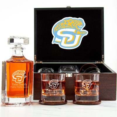 Customized Engraved Dark Brown Wood Box Decanter Set With Rocks Glasses - NCAA Southern Jaguars