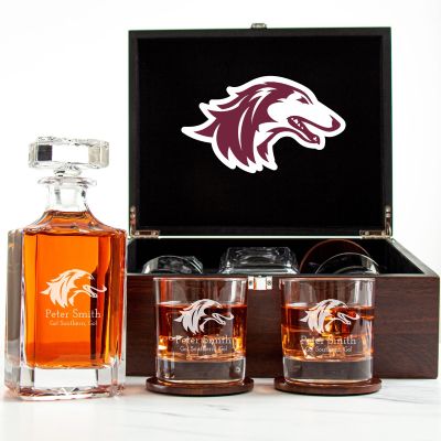 Customized Engraved Dark Brown Wood Box Decanter Set With Rocks Glasses - NCAA Southern Illinois Salukis