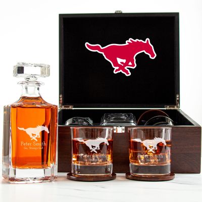 Customized Engraved Dark Brown Wood Box Decanter Set With Rocks Glasses - NCAA SMU Mustangs