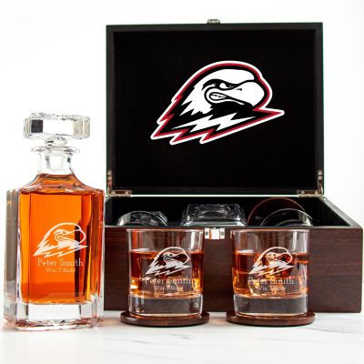 Customized Engraved Dark Brown Wood Box Decanter Set With Rocks Glasses - NCAA Southern Utah Thunderbirds