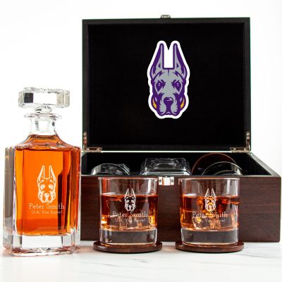 Customized Engraved Dark Brown Wood Box Decanter Set With Rocks Glasses - NCAA Albany Great Danes