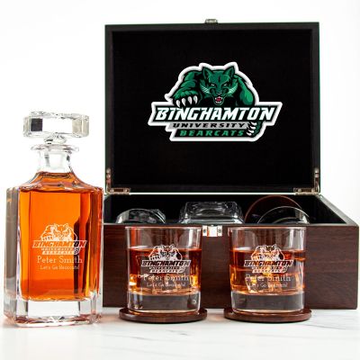 Customized Engraved Dark Brown Wood Box Decanter Set With Rocks Glasses - NCAA Binghamton Bearcats