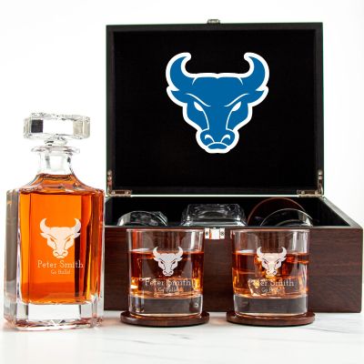 Customized Engraved Dark Brown Wood Box Decanter Set With Rocks Glasses - NCAA Buffalo Bulls