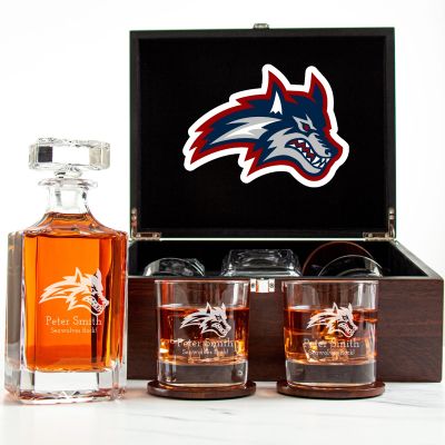 Customized Engraved Dark Brown Wood Box Decanter Set With Rocks Glasses - NCAA Stony Brook Seawolves