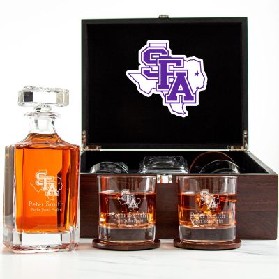 Customized Engraved Dark Brown Wood Box Decanter Set With Rocks Glasses - NCAA Stephen F. Austin Lumberjacks