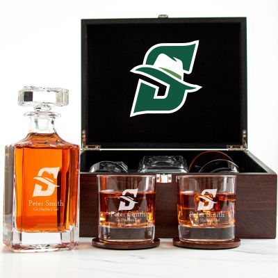 Customized Engraved Dark Brown Wood Box Decanter Set With Rocks Glasses - NCAA Stetson Hatters