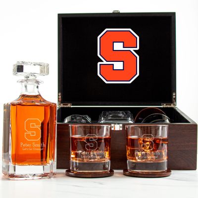 Customized Engraved Dark Brown Wood Box Decanter Set With Rocks Glasses - NCAA Syracuse Orange