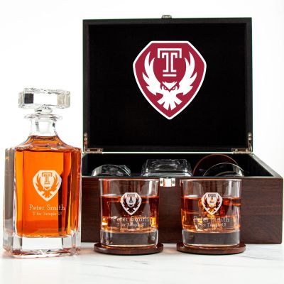 Customized Engraved Dark Brown Wood Box Decanter Set With Rocks Glasses - NCAA Temple Owls