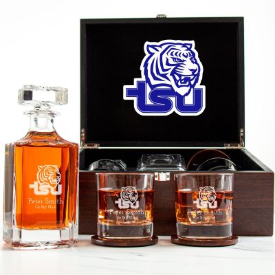 Customized Engraved Dark Brown Wood Box Decanter Set With Rocks Glasses - NCAA Tennessee State Tigers