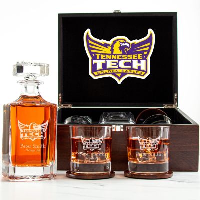 Customized Engraved Dark Brown Wood Box Decanter Set With Rocks Glasses - NCAA Tennessee Tech Golden Eagles