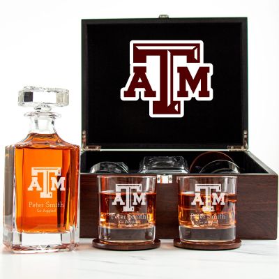 Customized Engraved Dark Brown Wood Box Decanter Set With Rocks Glasses - NCAA Texas A&M Aggies