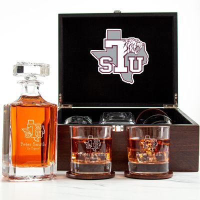 Customized Engraved Dark Brown Wood Box Decanter Set With Rocks Glasses - NCAA Texas Southern Tigers
