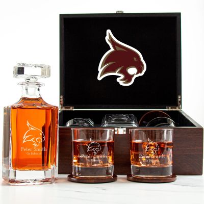 Customized Engraved Dark Brown Wood Box Decanter Set With Rocks Glasses - NCAA Texas State Bobcats