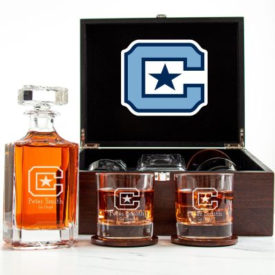 Customized Engraved Dark Brown Wood Box Decanter Set With Rocks Glasses - NCAA The Citadel Bulldogs