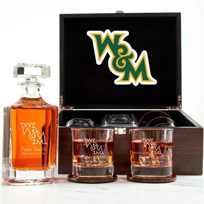 Customized Engraved Dark Brown Wood Box Decanter Set With Rocks Glasses - NCAA William & Mary Tribe