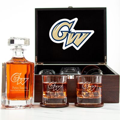 Customized Engraved Dark Brown Wood Box Decanter Set With Rocks Glasses - NCAA George Washington Revolutionaries