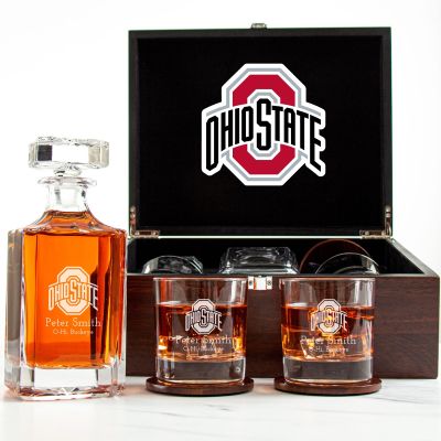 Customized Engraved Dark Brown Wood Box Decanter Set With Rocks Glasses - NCAA Ohio State Buckeyes