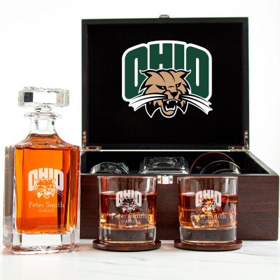 Customized Engraved Dark Brown Wood Box Decanter Set With Rocks Glasses - NCAA Ohio Bobcats