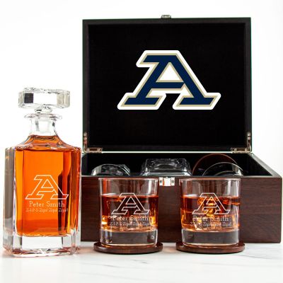 Customized Engraved Dark Brown Wood Box Decanter Set With Rocks Glasses - NCAA Akron Zips