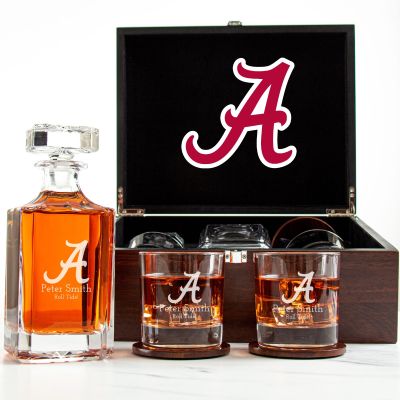 Customized Engraved Dark Brown Wood Box Decanter Set With Rocks Glasses - NCAA Alabama Crimson Tide
